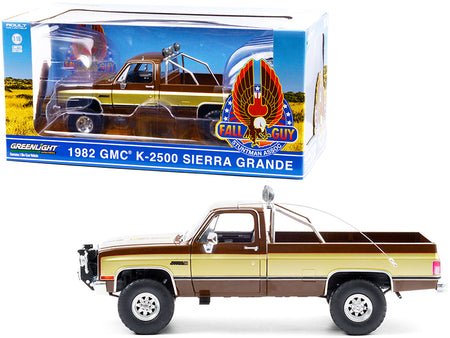 1982 GMC K-2500 Sierra Grande Pickup Truck Brown with Gold Sides "Fall Guy Stuntman Association" "The Fall Guy" (1981-1986) TV Series 1/18 Diecast Model Car by Greenlight