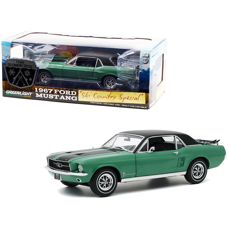 1967 Ford Mustang Coupe Loveland Green Metallic with Black Stripes and Black Top and a Pair of Skis "Ski Country Special" 1/18 Diecast Model Car by Greenlight