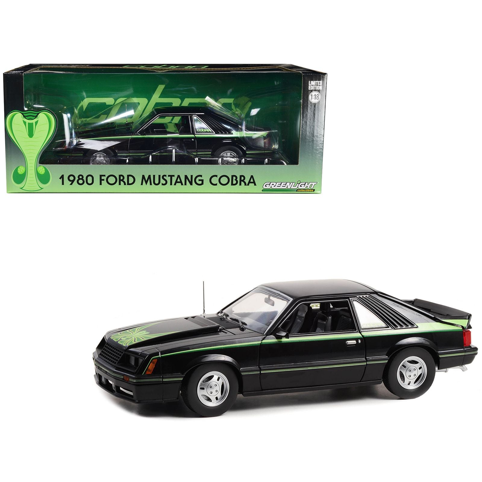 1980 Ford Mustang Cobra Black with Green Stripes and Graphics 1/18 Diecast Model Car by Greenlight