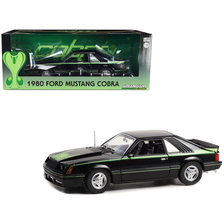 1980 Ford Mustang Cobra Black with Green Stripes and Graphics 1/18 Diecast Model Car by Greenlight