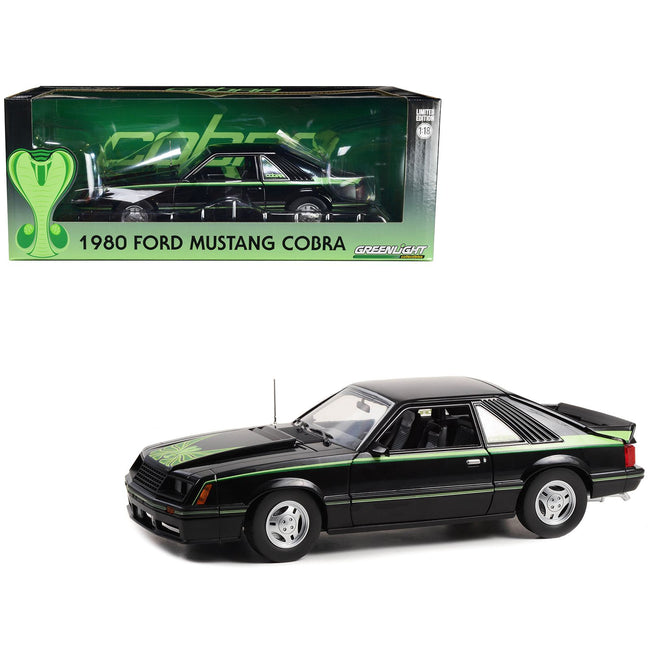 1980 Ford Mustang Cobra Black with Green Stripes and Graphics 1/18 Diecast Model Car by Greenlight