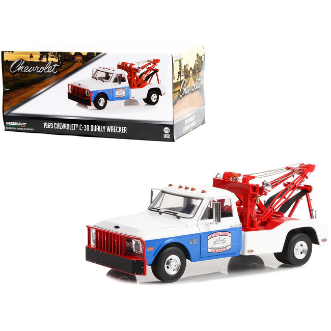 1969 Chevrolet C-30 Dually Wrecker Tow Truck White and Blue "Hazzard County Garage" 1/18 Diecast Model Car by Greenlight
