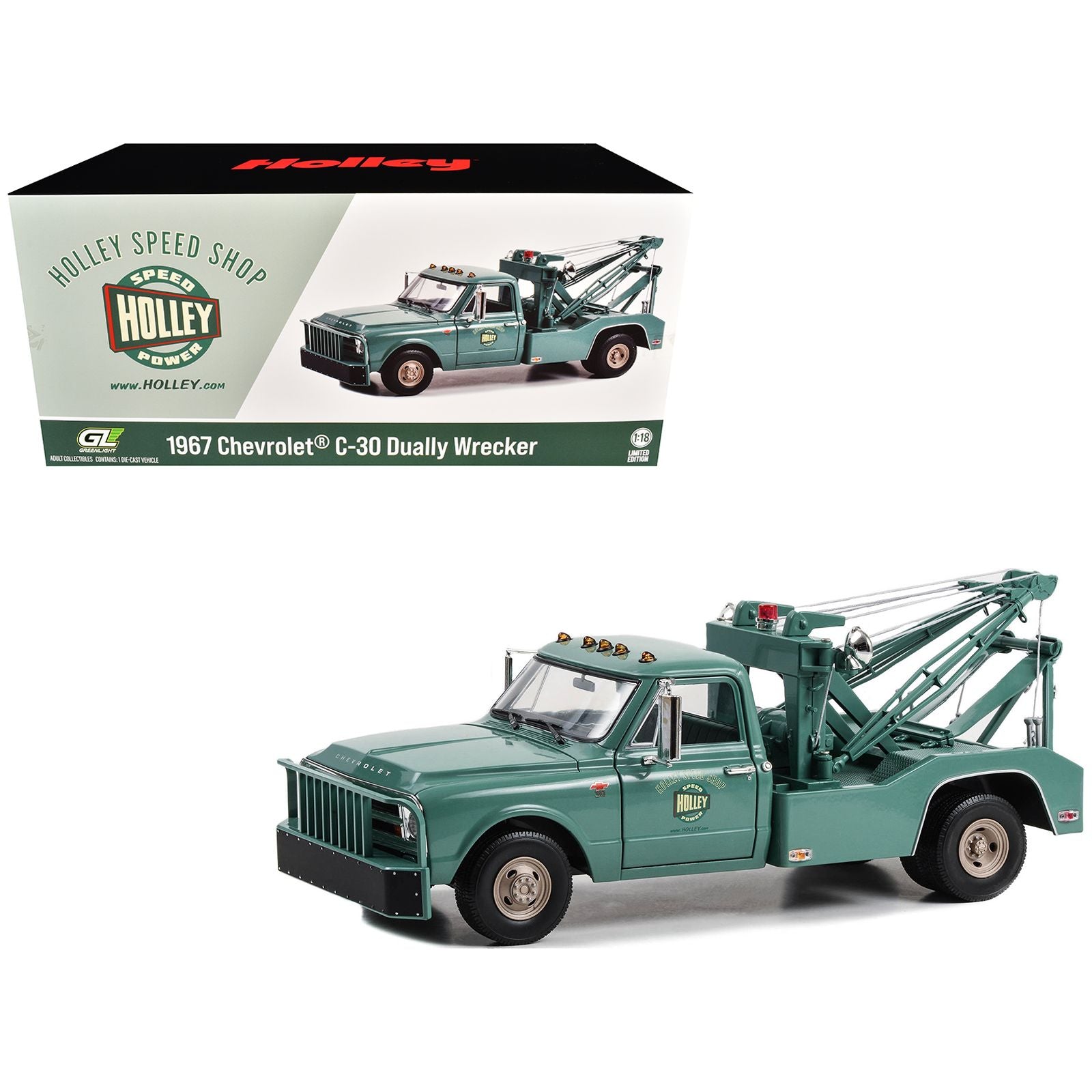 1967 Chevrolet C-30 Dually Wrecker Tow Truck "Holley Speed Shop" Green 1/18 Diecast Model Car by Greenlight