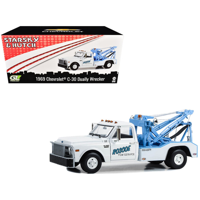 1969 Chevrolet C-30 Dually Wrecker Tow Truck "Roscoe Tow Service" White "Starsky and Hutch" (1975-1979) TV Series 1/18 Diecast Model Car by Greenlight