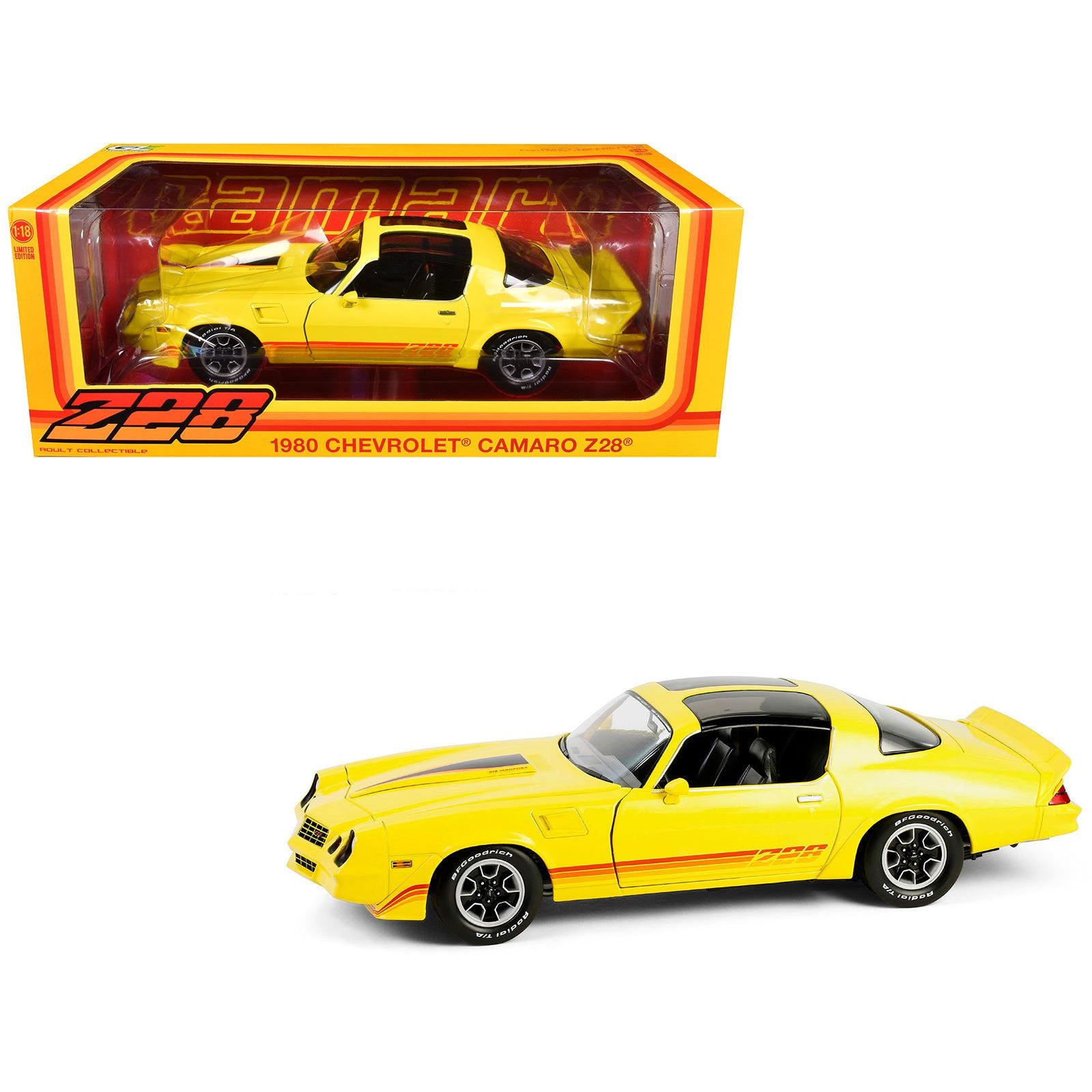 1980 Chevrolet Camaro Z28 with T-Tops Bright Yellow with Stripes 1/18 Diecast Model Car by Greenlight