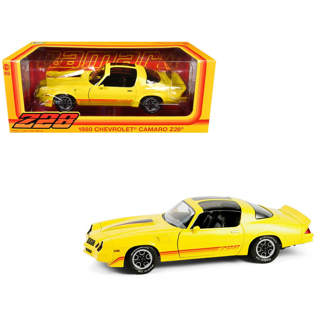 1980 Chevrolet Camaro Z28 with T-Tops Bright Yellow with Stripes 1/18 Diecast Model Car by Greenlight
