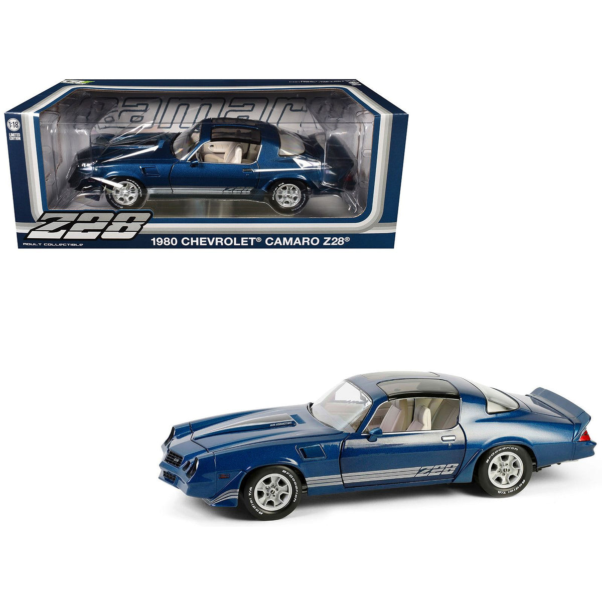 1980 Chevrolet Camaro Z28 with T-Tops Dark Blue Metallic with Stripes and Light Gray Interior 1/18 Diecast Model Car by Greenlight