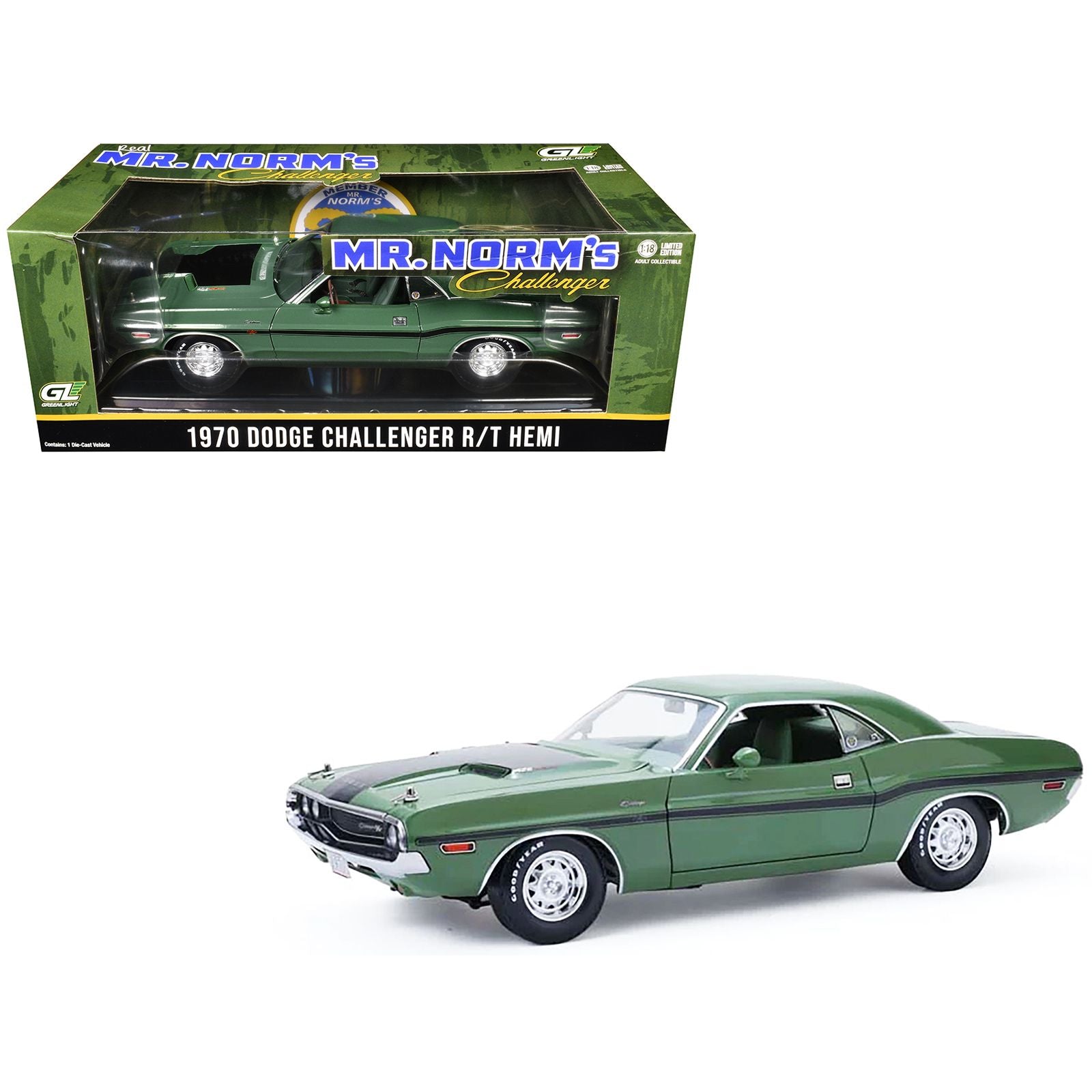 1970 Dodge Challenger R/T Hemi F8 Green with Black Stripes and Green Interior "Mr. Norm's Challenger" 1/18 Diecast Model Car by Greenlight