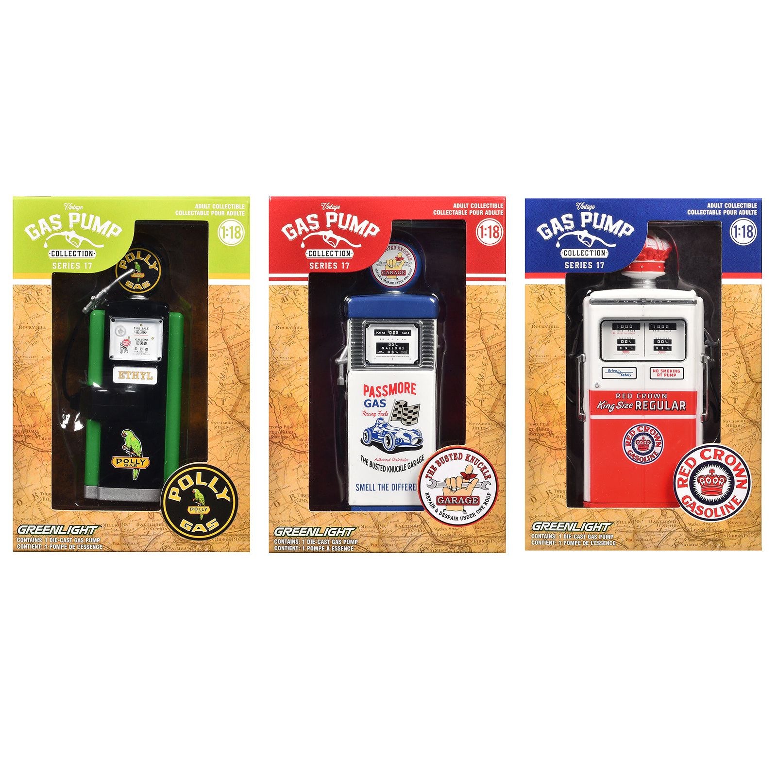 "Vintage Gas Pumps" Series 17 Set of 3 Pumps 1/18 Diecast Models by Greenlight