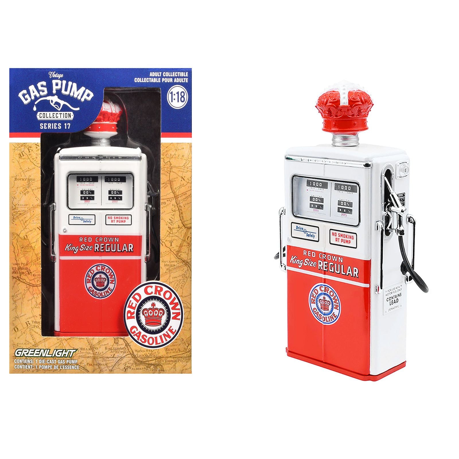 1954 Tokheim 350 Twin Gas Pump "Red Crown Gasoline" White and Red "Vintage Gas Pumps" Series 17 1/18 Diecast Replica by Greenlight