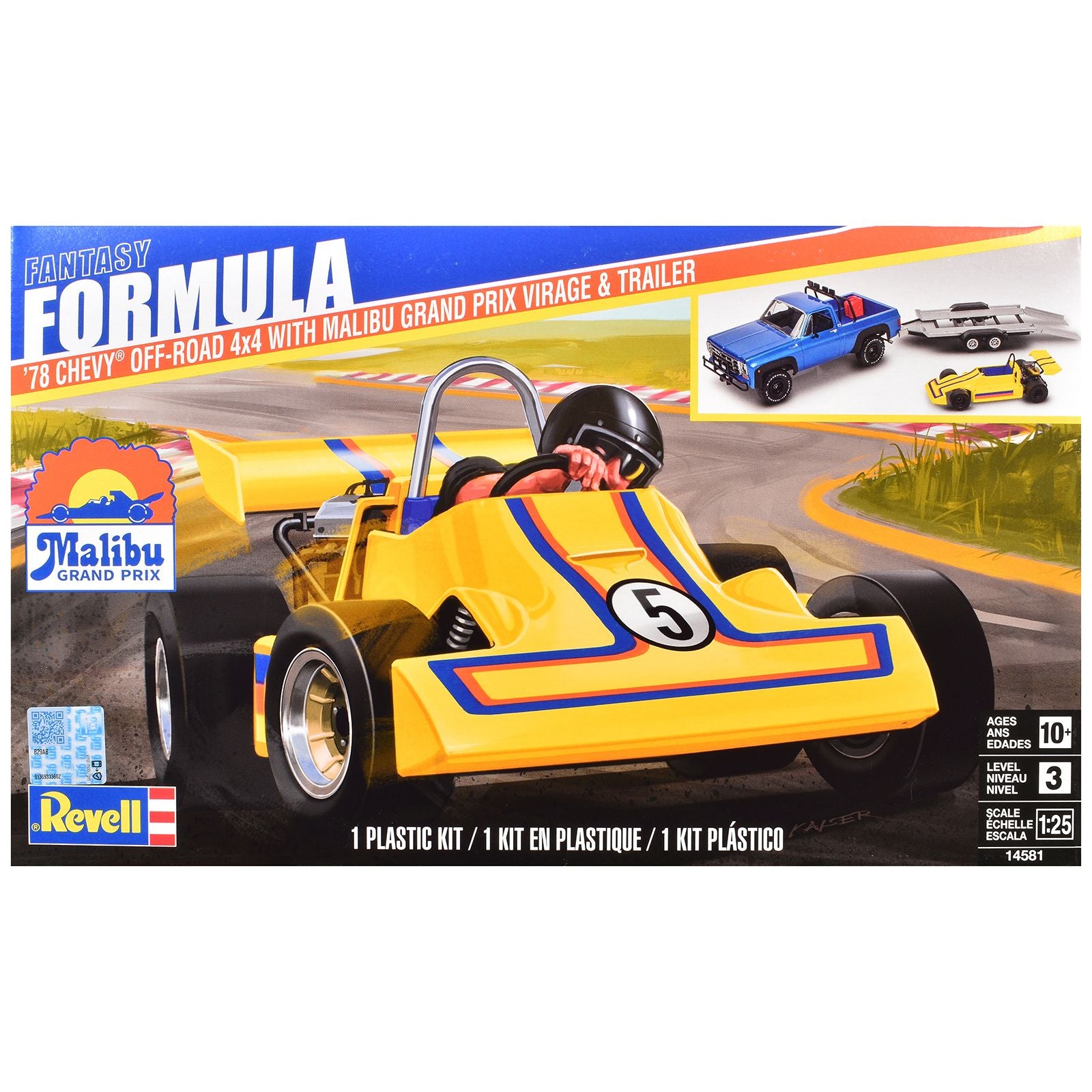 Level 3 Model Kit 1978 Chevrolet Off-Road 4x4 Pickup Truck and "Malibu Grand Prix" Virage with Trailer "Fantasy Formula" 1/25 Scale Model by Revell