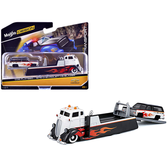 COE Flatbed Truck White and Black with Flame Graphics and 1979 Chevrolet K5 Blazer Black and White with Flame Graphics "Elite Transport" Series 1/64 Diecast Models by Maisto