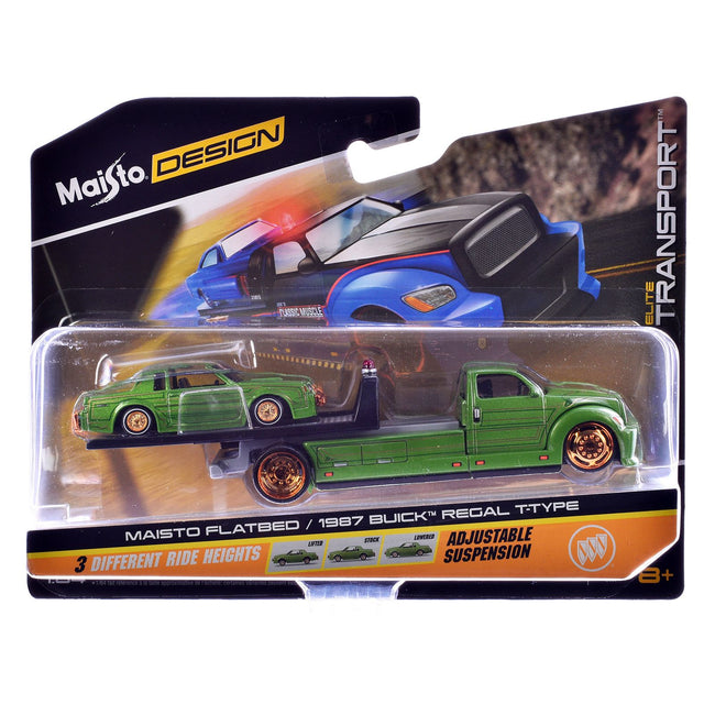 Maisto Flatbed Truck Green Metallic with Graphics and 1987 Buick Regal T-Type Green Metallic with Graphics "Lowriders" "Elite Transport" Series 1/64 Diecast Models by Maisto