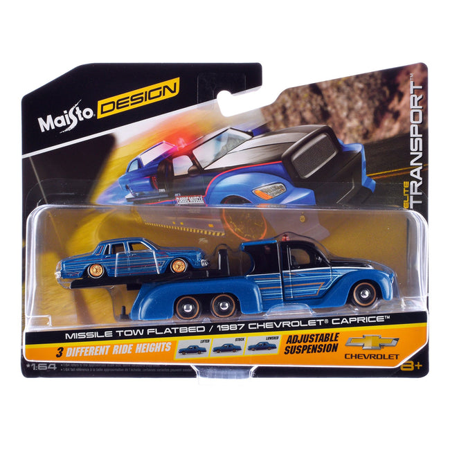 Missile Tow Flatbed Truck Blue Metallic and Black with Graphics and 1987 Chevrolet Caprice Lowrider Blue Metallic with Graphics "Elite Transport" Series 1/64 Diecast Models by Maisto