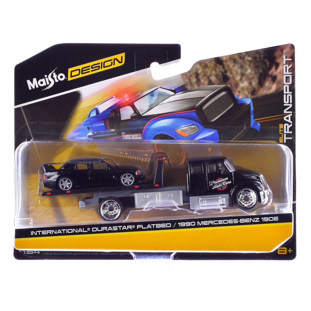 International Durastar Flatbed Truck Black "Premium Auto Car" and 1990 Mercedes-Benz 190E Black "Elite Transport" Series 1/64 Diecast Models by Maisto