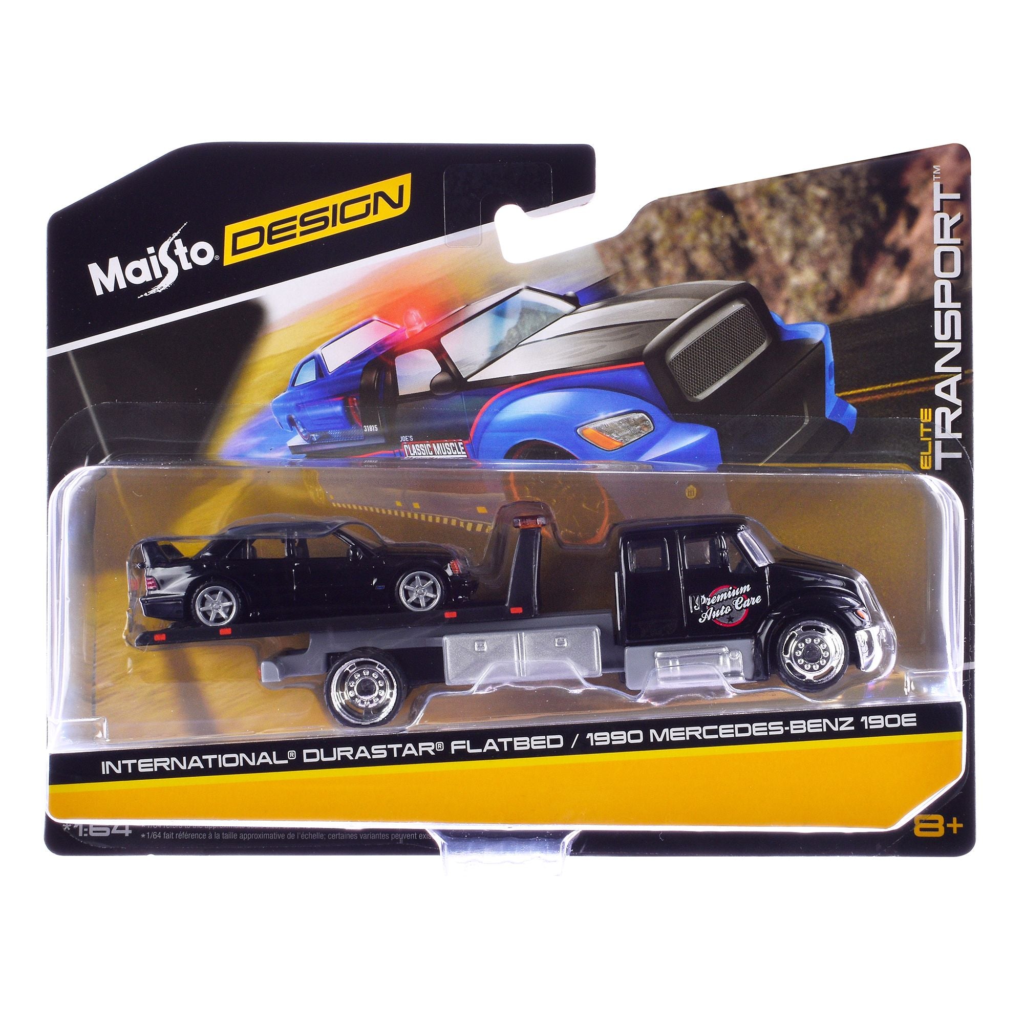 International Durastar Flatbed Truck Black "Premium Auto Car" and 1990 Mercedes-Benz 190E Black "Elite Transport" Series 1/64 Diecast Models by Maisto