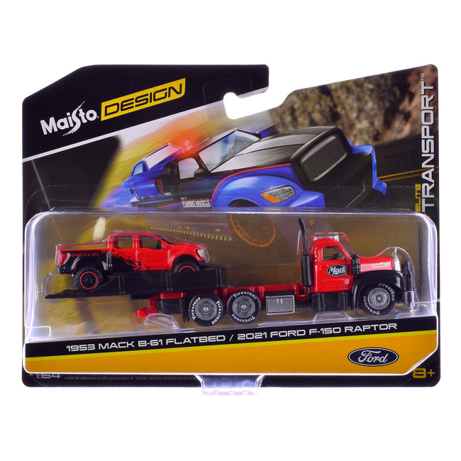 1953 Mack B-61 Flatbed Truck Red with Black and 2021 Ford F-150 Raptor Pickup Truck Red and Black "Elite Transport" Series 1/64 Diecast Models by Maisto
