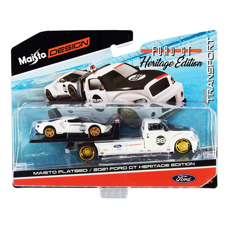 2021 Ford GT #98 Heritage Edition with Flatbed Truck White and Black "Elite Transport" Series 1/64 Diecast Model Cars by Maisto