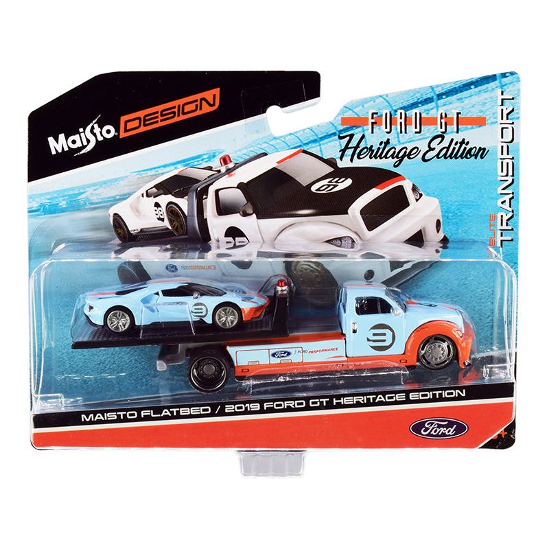 2019 Ford GT #9 Heritage Edition with Flatbed Truck Light Blue and Orange "Elite Transport" Series 1/64 Diecast Model Cars by Maisto