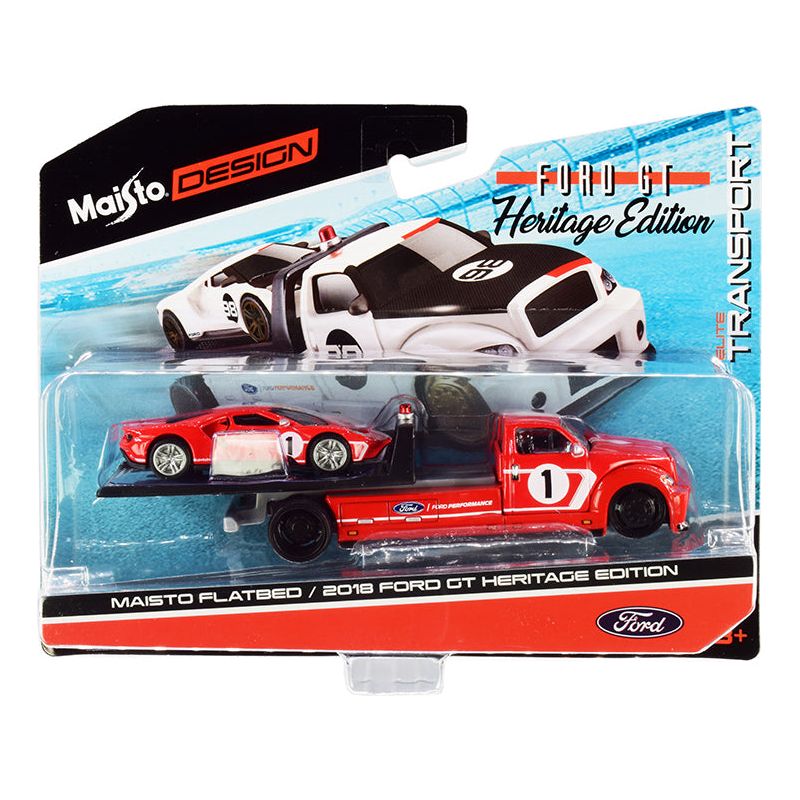 2018 Ford GT #1 Heritage Edition with Flatbed Truck Red with White Stripes "Elite Transport" Series 1/64 Diecast Model Cars by Maisto