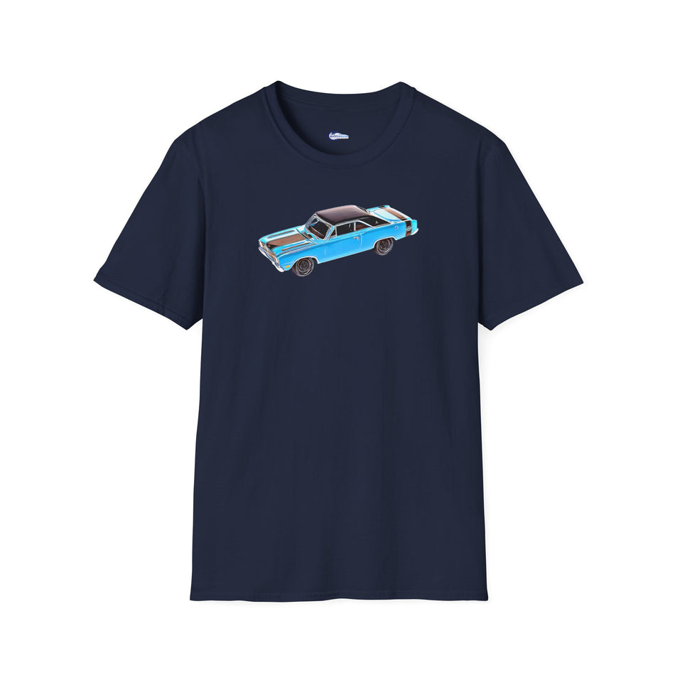 Cartoon Art 1969 Dodge Dart GTS 340 Blue with Black Top and Stripes "Goodyear Blue Streak"  Inspired T-Shirt - American Muscle