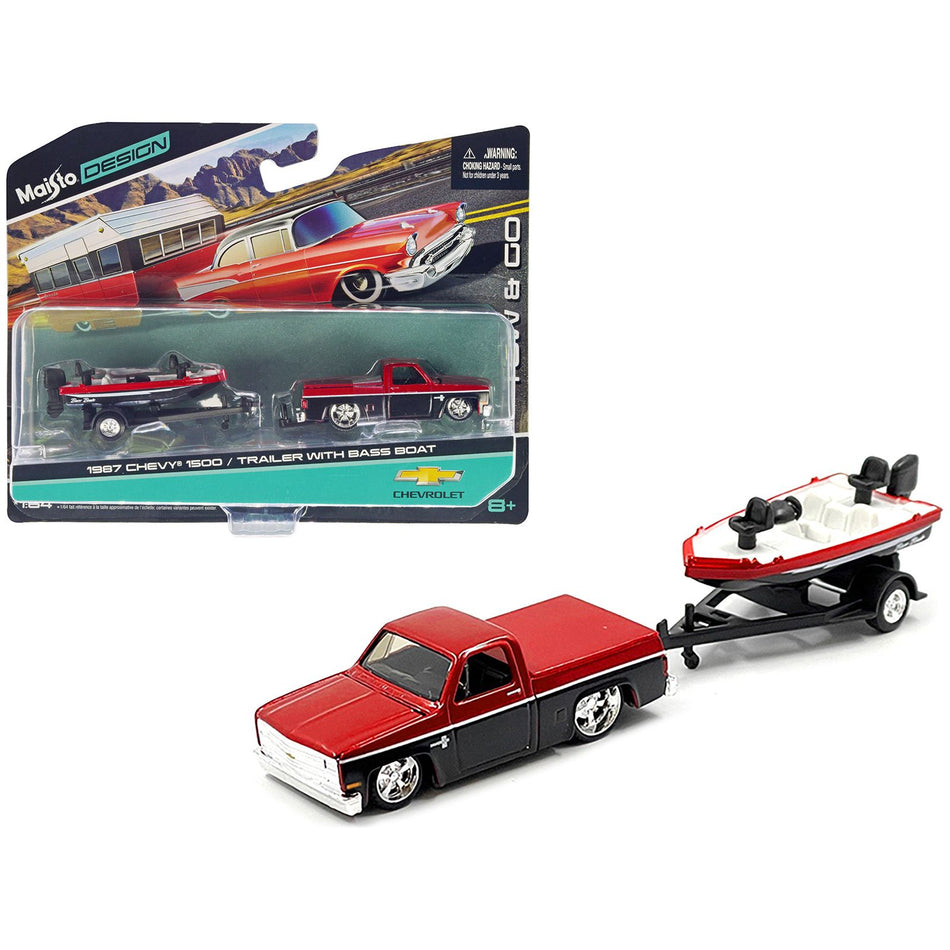 1987 Chevrolet 1500 Pickup Truck Candy Red and Black and Bass Boat with Trailer Red and Black "Tow & Go" Series 1/64 Diecast Model Car by Maisto