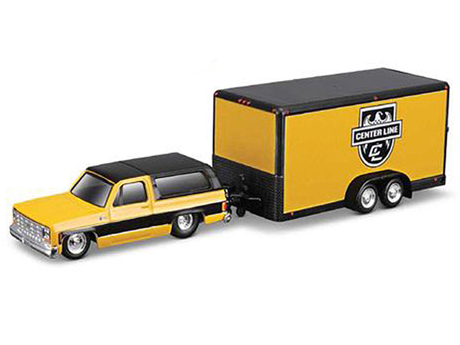 1979 Chevrolet K5 Blazer Yellow with Black Top and Stripes with Enclosed Car Trailer Yellow and Black "Center Line" "Tow & Go" Series 1/64 Diecast Model Car by Maisto