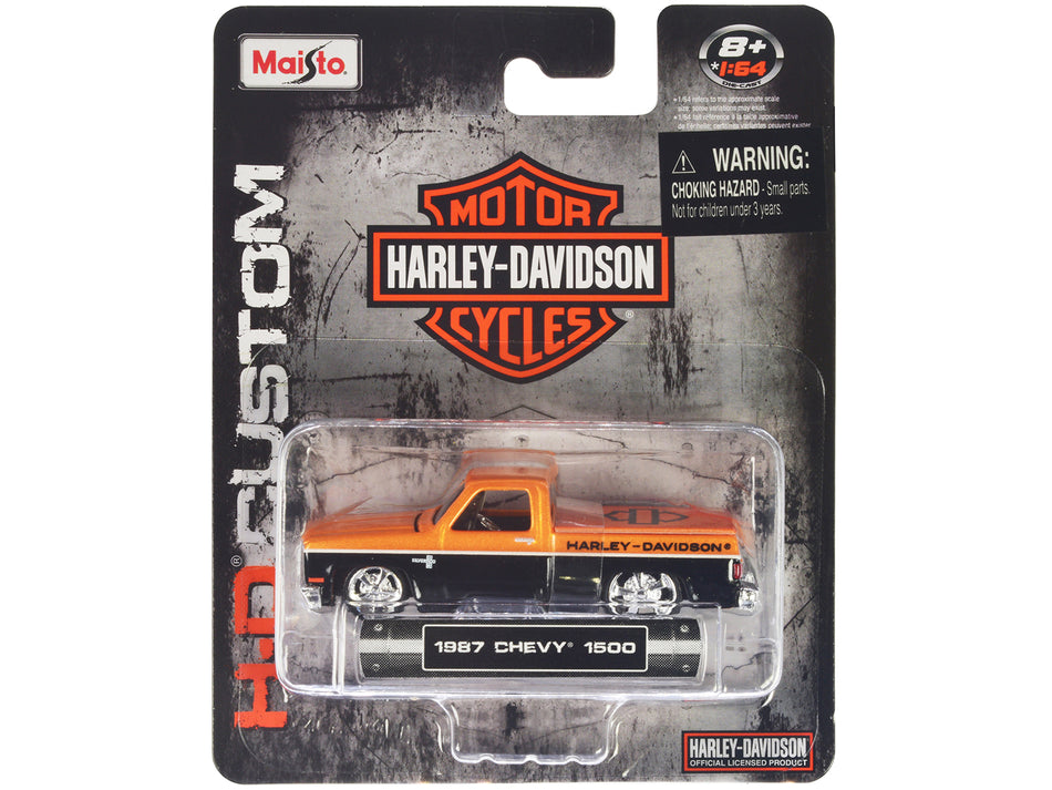 1987 Chevrolet 1500 Pickup Truck Orange Metallic and Black "Harley Davidson" "H-D Custom" Series 1/64 Diecast Model Car by Maisto