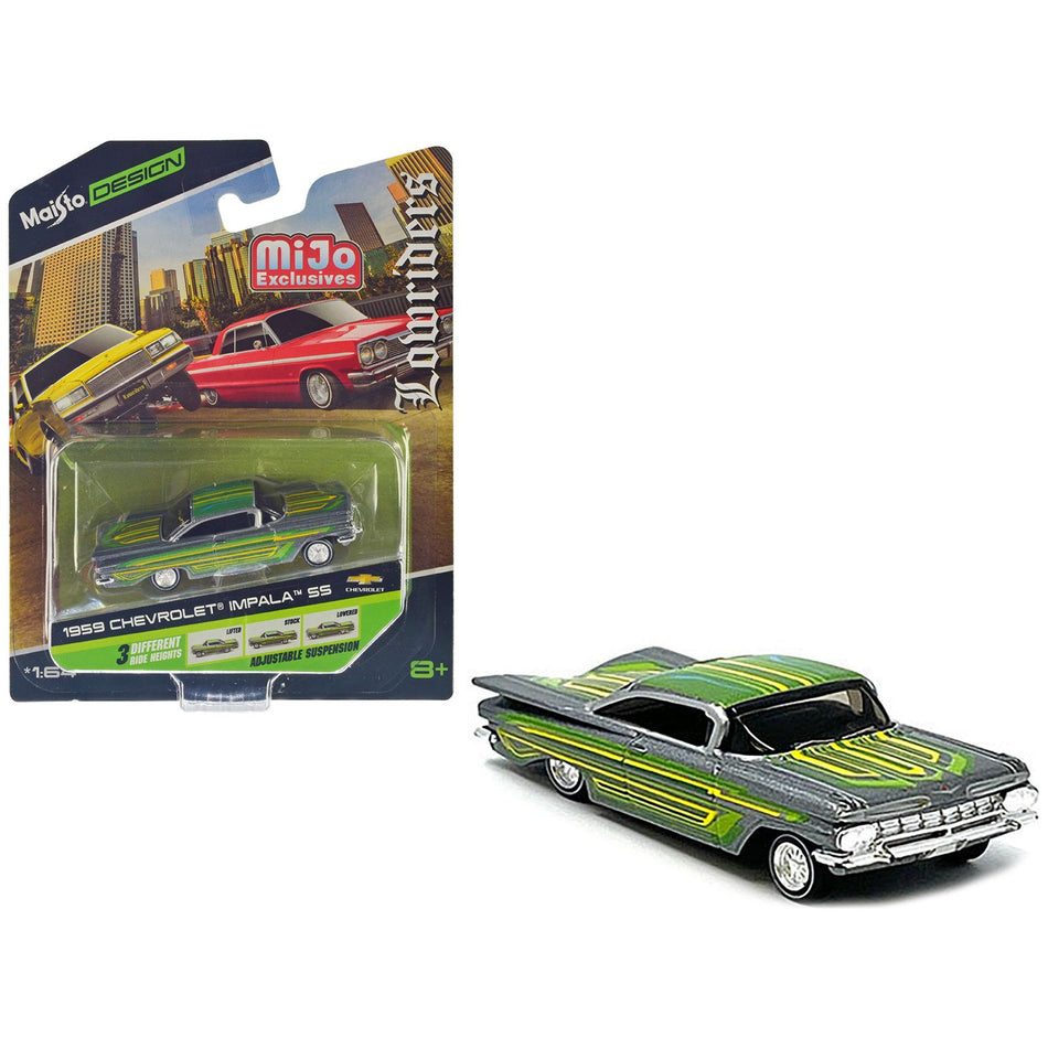 1959 Chevrolet Impala SS Lowrider Silver Metallic with Green Graphics "Lowriders" "Maisto Design" Series 1/64 Diecast Model Car by Maisto