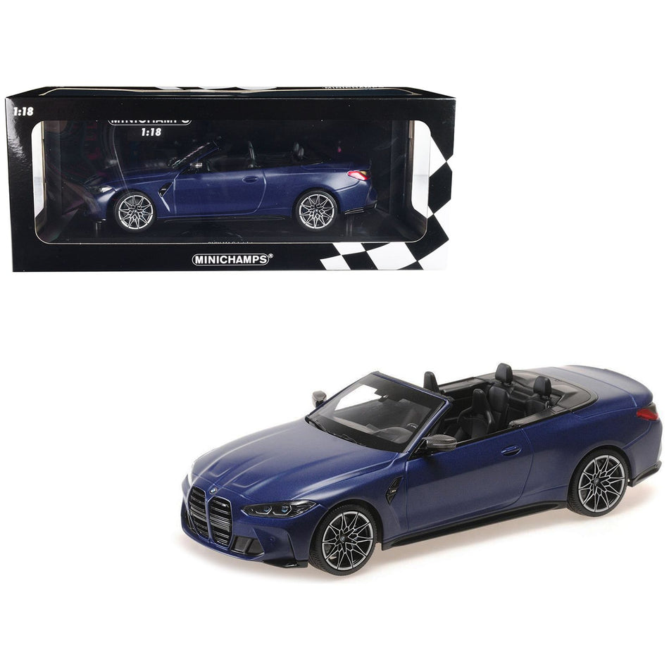 2021 BMW M4 Cabriolet Matt Blue Metallic Limited Edition to 438 pieces Worldwide 1/18 Diecast Model Car by Minichamps