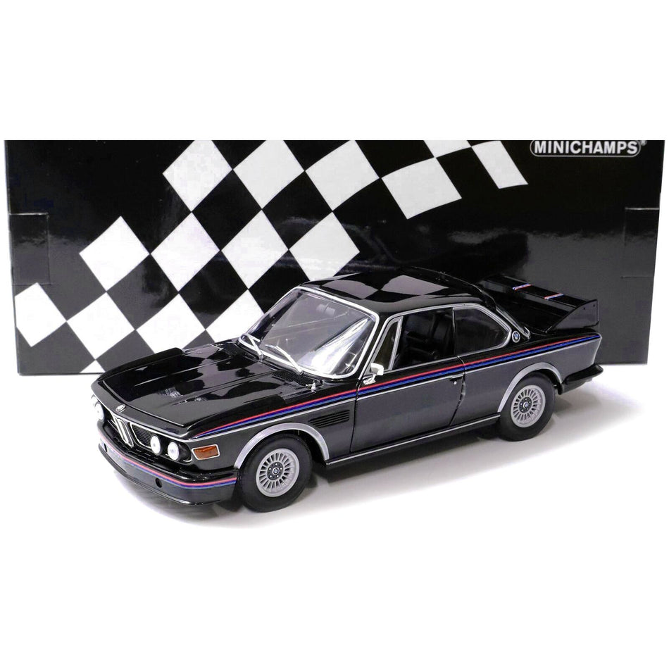 1973 BMW 3.0 CSL Black with Red and Blue Stripes Limited Edition to 444 pieces Worldwide 1/18 Diecast Model Car by Minichamps