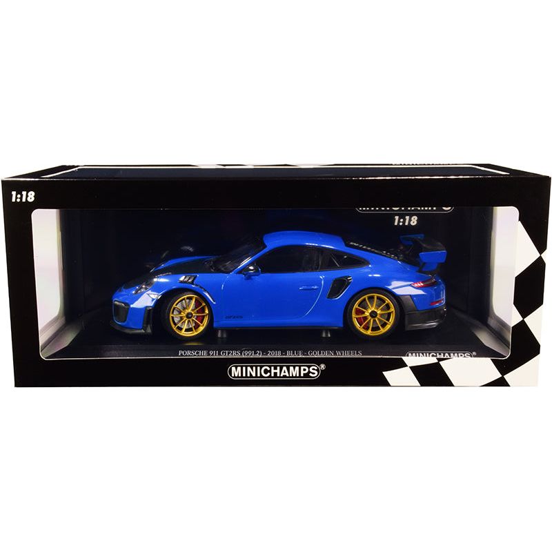 2018 Porsche 911 GT2RS (991.2) Blue with Carbon Hood and Golden Wheels Limited Edition to 300 pieces Worldwide 1/18 Diecast Model Car by Minichamps