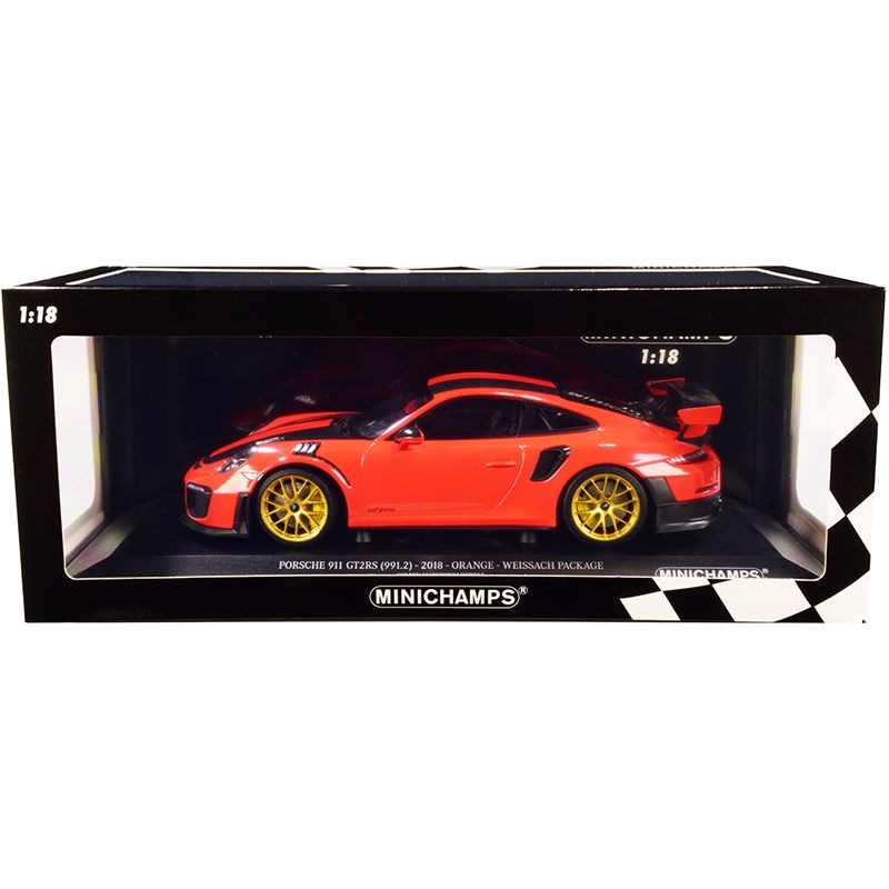 2018 Porsche 911 GT2RS (991.2) Weissach Package Orange with Carbon Stripes and Golden Magnesium Wheels Limited Edition to 300 pieces Worldwide 1/18 Diecast Model Car by Minichamps