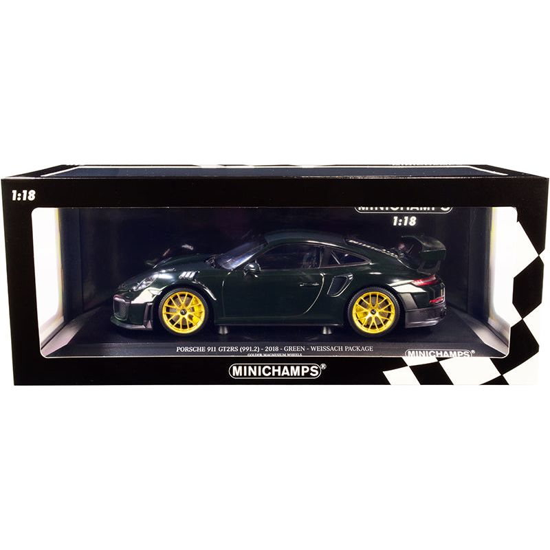 2018 Porsche 911 GT2RS (991.2) Weissach Package Dark Green with Carbon Stripes and Golden Magnesium Wheels Limited Edition to 300 pieces Worldwide 1/18 Diecast Model Car by Minichamps