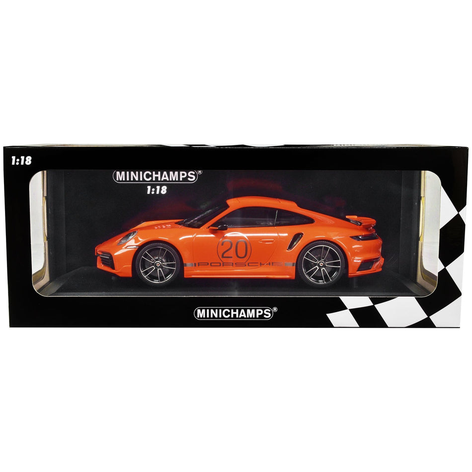 2021 Porsche 911 Turbo S with SportDesign Package #20 Orange with Silver Stripes Limited Edition to 504 pieces Worldwide 1/18 Diecast Model Car by Minichamps