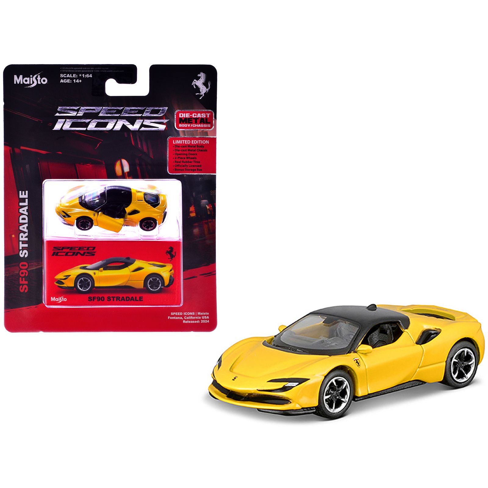 Ferrari SF90 Stradale Yellow with Black Top "Speed Icons" Series 1/64 Diecast Model Car by Maisto