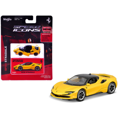 Ferrari SF90 Stradale Yellow with Black Top "Speed Icons" Series 1/64 Diecast Model Car by Maisto
