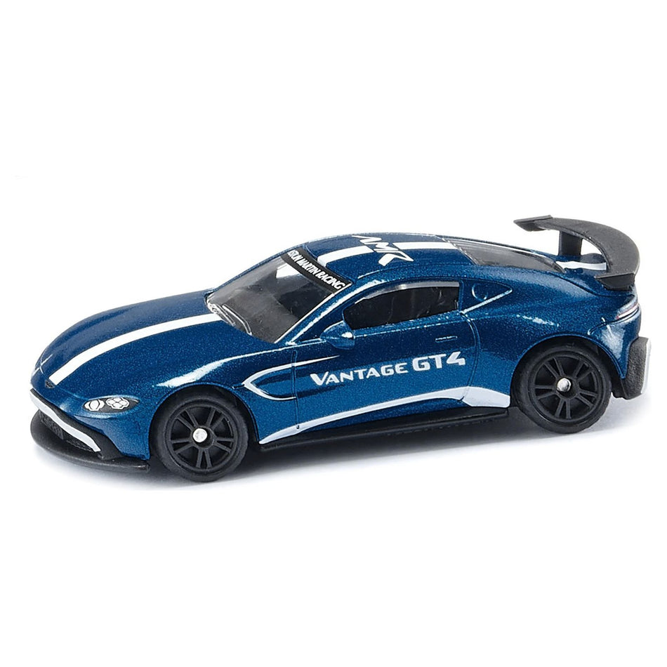 Aston Martin Vantage GT4 Blue Metallic with White Stripes Diecast Model Car by Siku