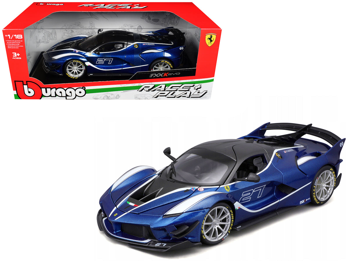 Ferrari FXX-K Evo #27 Blue Metallic with White Accents and Gray Metallic Top "Race + Play" Series 1/18 Diecast Model Car by Bburago