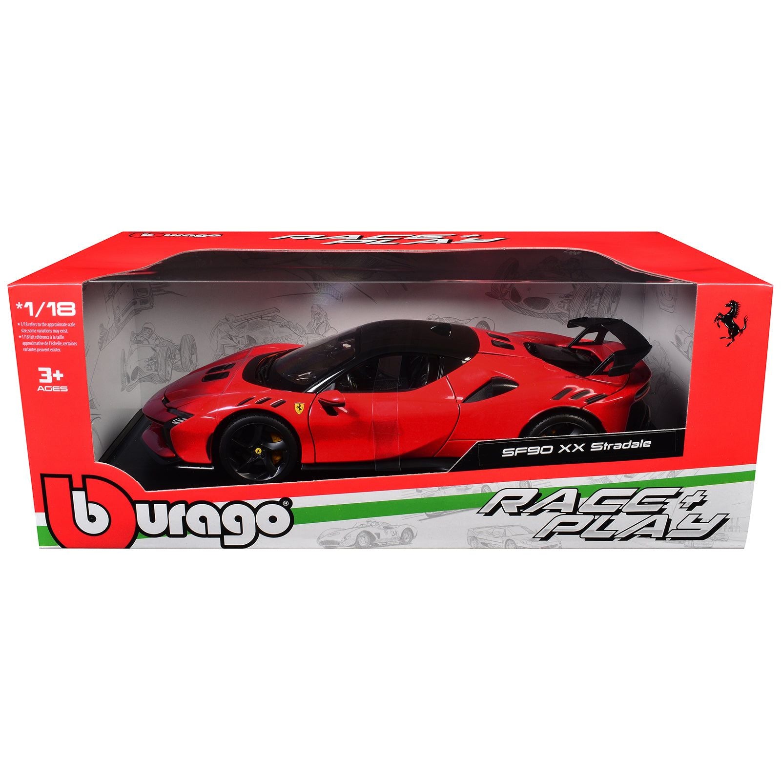 Ferrari SF90 XX Stradale Red with Black Top "Race + Play" Series 1/18 Diecast Model Car by Bburago