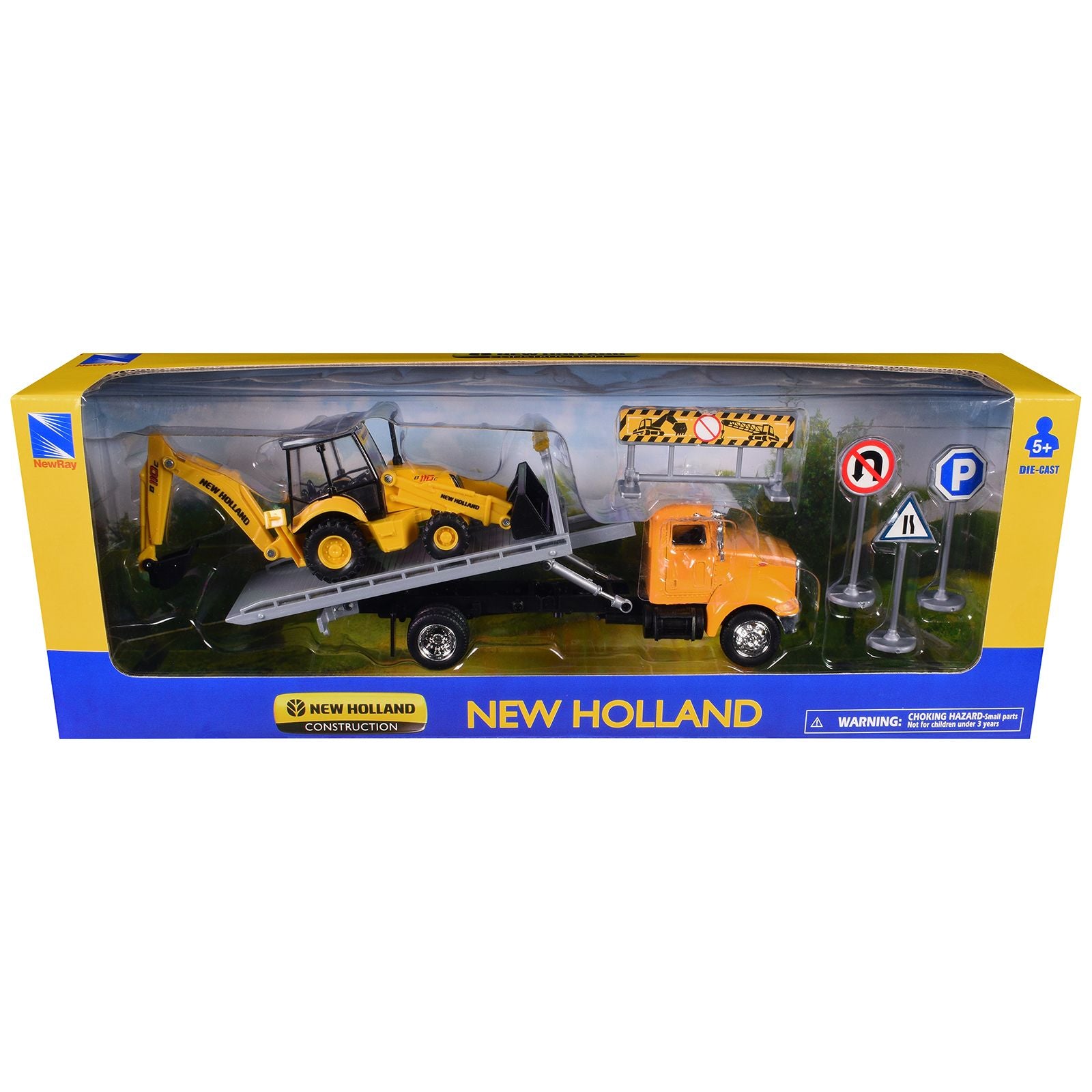 Peterbilt 335 Roll-Off Flatbed Truck and New Holland B110C Backhoe Loader with Street Signs "New Holland Construction" Diecast Models by New Ray