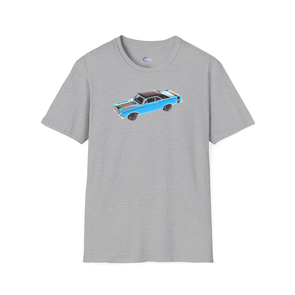 Cartoon Art 1969 Dodge Dart GTS 340 Blue with Black Top and Stripes "Goodyear Blue Streak"  Inspired T-Shirt - American Muscle