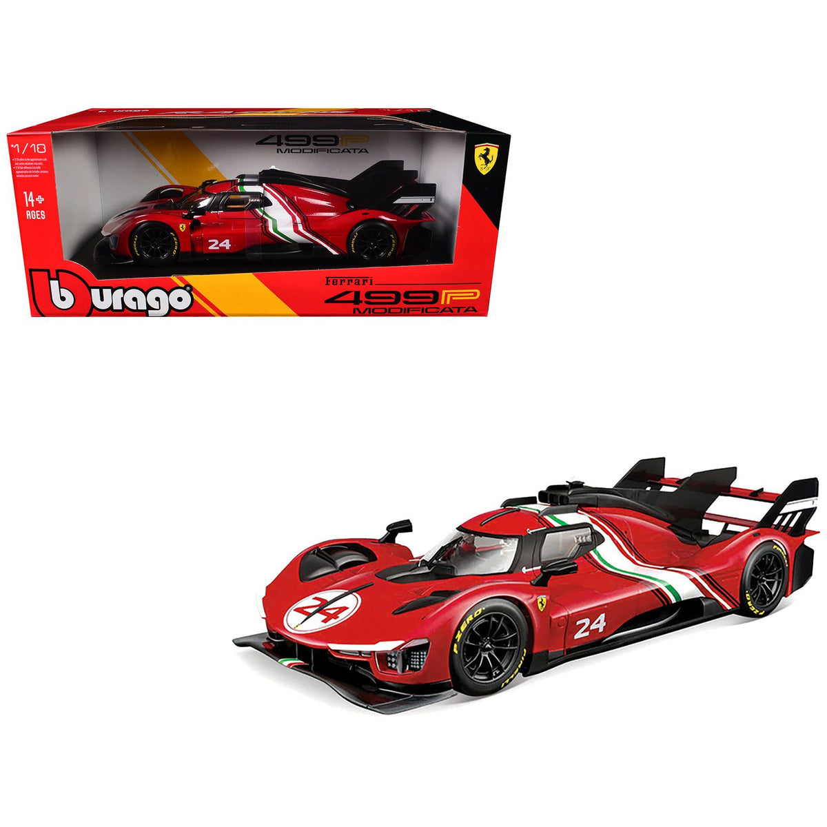 Ferrari 499P Modificata #24 Red with Italian Flag Stripes "Racing" Series 1/18 Diecast Model Car by Bburago