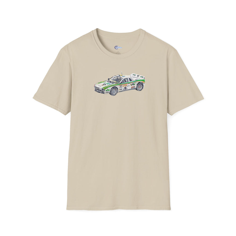 Lancia 037 Rally #18 Miki Biasion - Tiziano Siviero "Rallye Sanremo" (1983) - Cartoon Art  - Unisex T-Shirt