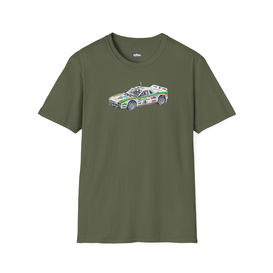 Lancia 037 Rally #18 Miki Biasion - Tiziano Siviero "Rallye Sanremo" (1983) - Cartoon Art  - Unisex T-Shirt