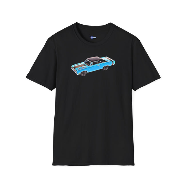 Cartoon Art 1969 Dodge Dart GTS 340 Blue with Black Top and Stripes "Goodyear Blue Streak"  Inspired T-Shirt - American Muscle
