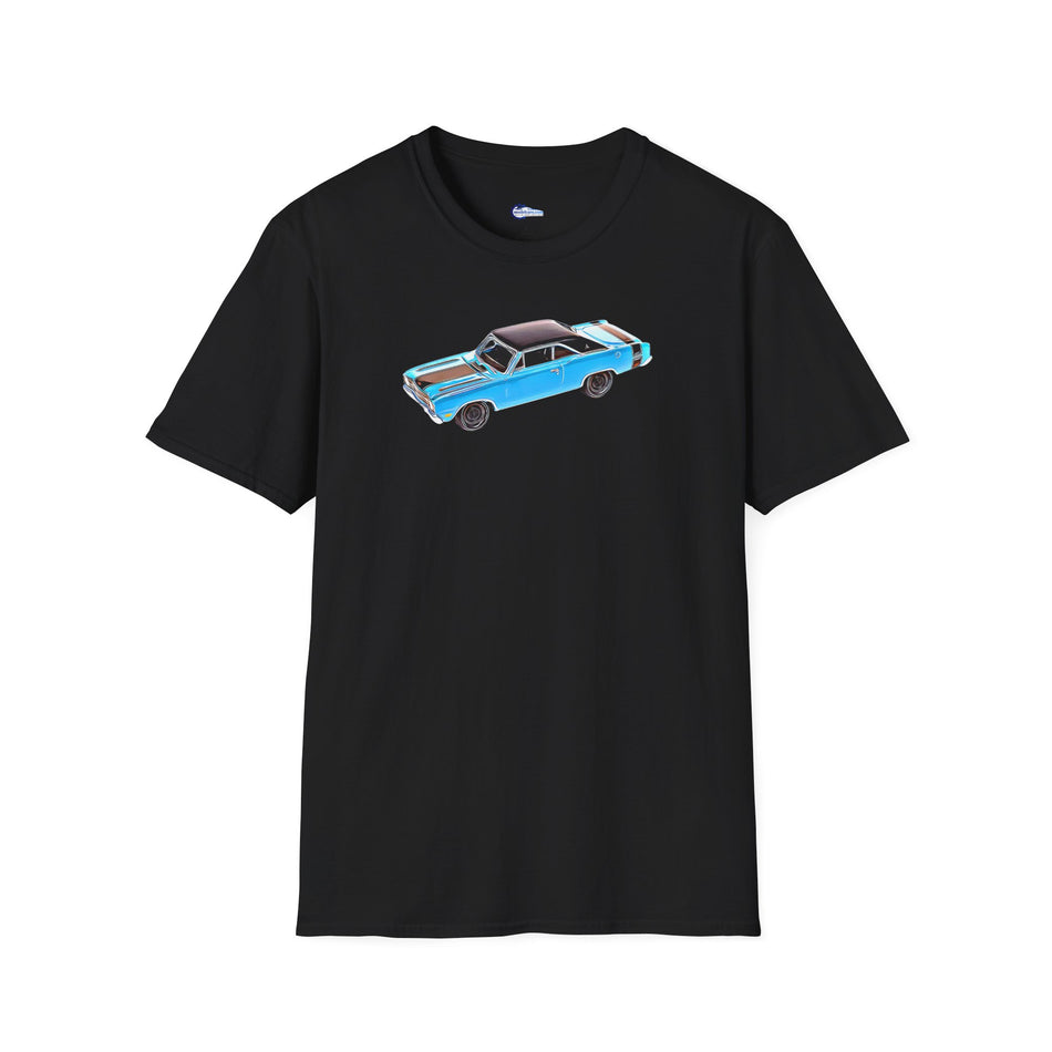 Cartoon Art 1969 Dodge Dart GTS 340 Blue with Black Top and Stripes "Goodyear Blue Streak"  Inspired T-Shirt - American Muscle