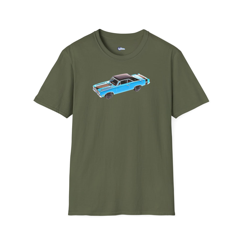 Cartoon Art 1969 Dodge Dart GTS 340 Blue with Black Top and Stripes "Goodyear Blue Streak"  Inspired T-Shirt - American Muscle