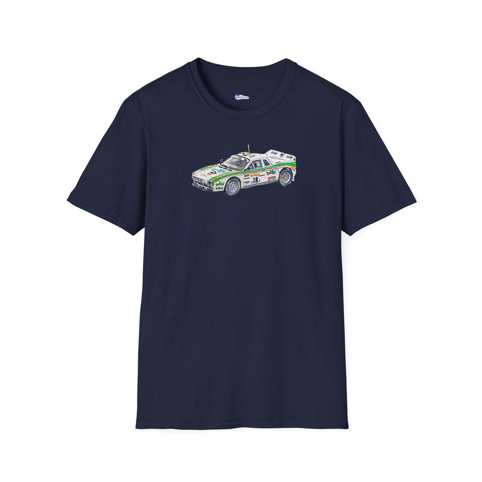 Lancia 037 Rally #18 Miki Biasion - Tiziano Siviero "Rallye Sanremo" (1983) - Cartoon Art  - Unisex T-Shirt