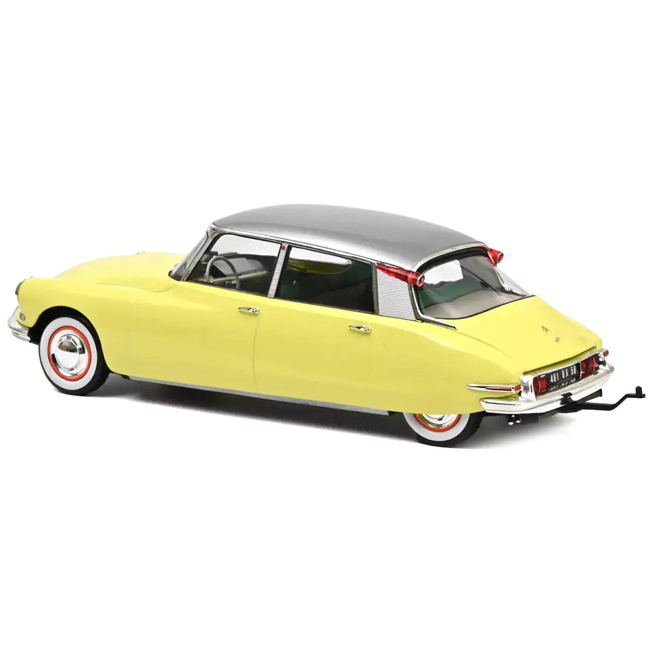 1960 Citroen DS 19 Jonquille Yellow with Silver Top and Caravan Digue Panoramic Trailer Beige 1/18 Diecast Model Car by Norev